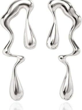 Silver Teardrop Earrings Large Irregular Drooping Dangle Studs Unusual Shape